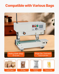 Continuous Bag Band Sealing Machine, 6-12 mm Sealing Width, Vertical Band Sealer Machine with Digital Temperature Control, Carbon Steel Bag Sealer for 0.02-0.8 mm Plastic Bags Films Membrane