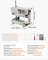 Continuous Bag Band Sealing Machine, 6-12 mm Sealing Width, Vertical Band Sealer Machine with Digital Temperature Control, Carbon Steel Bag Sealer for 0.02-0.8 mm Plastic Bags Films Membrane