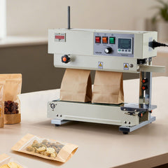 Continuous Bag Band Sealing Machine, 6-12 mm Seal Width, Vertical Band Sealer Machine with Roller Printing , Temp & Speed Adjustable, Commercial Heat Sealer Machine for 0.03-0.8 mm Plastic Bags