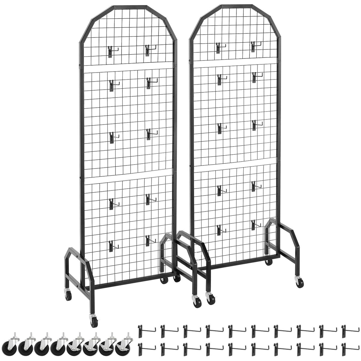 2 Packs Grid Wall Panels, 600 x 1640mm Wire Grid Panels Display Rack, Movable Art Display Shelf with Wheels and 20 Hooks, Black Carbon Steel Gridwall for Craft Show, Decor, Storage, Notice Board