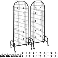 2 Packs Grid Wall Panels, 600 x 1640mm Wire Grid Panels Display Rack, Movable Art Display Shelf with Wheels and 20 Hooks, Black Carbon Steel Gridwall for Craft Show, Decor, Storage, Notice Board