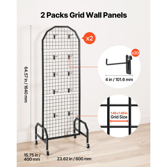 2 Packs Grid Wall Panels, 600 x 1640mm Wire Grid Panels Display Rack, Movable Art Display Shelf with Wheels and 20 Hooks, Black Carbon Steel Gridwall for Craft Show, Decor, Storage, Notice Board