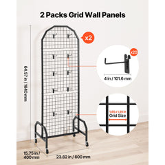 2 Packs Grid Wall Panels, 600 x 1640mm Wire Grid Panels Display Rack, Movable Art Display Shelf with Wheels and 20 Hooks, Black Carbon Steel Gridwall for Craft Show, Decor, Storage, Notice Board