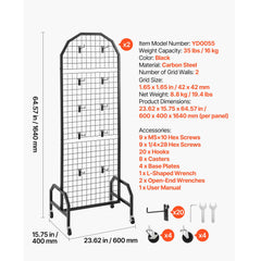 2 Packs Grid Wall Panels, 600 x 1640mm Wire Grid Panels Display Rack, Movable Art Display Shelf with Wheels and 20 Hooks, Black Carbon Steel Gridwall for Craft Show, Decor, Storage, Notice Board