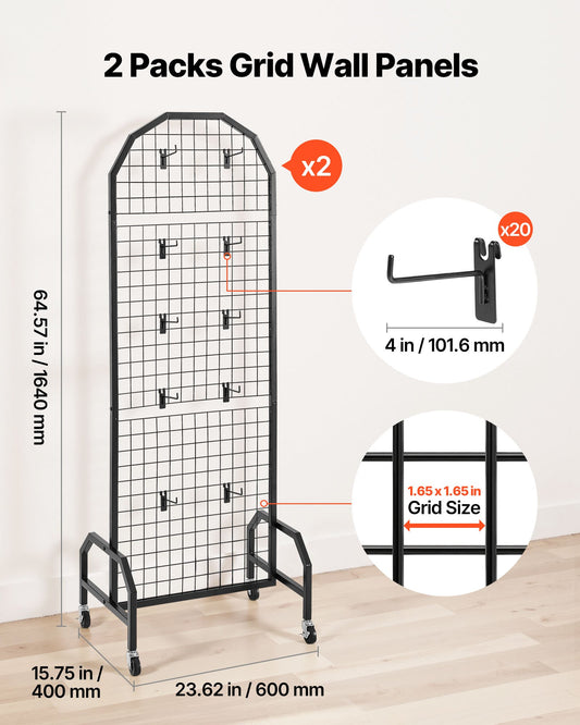 VEVOR 2 Packs Grid Wall Panels, 600 x 1640mm Wire Grid Panels Display Rack, Movable Art Display Shelf with Wheels and 20 Hooks, Black Carbon Steel Gridwall for Craft Show, Decor, Storage, Notice Board