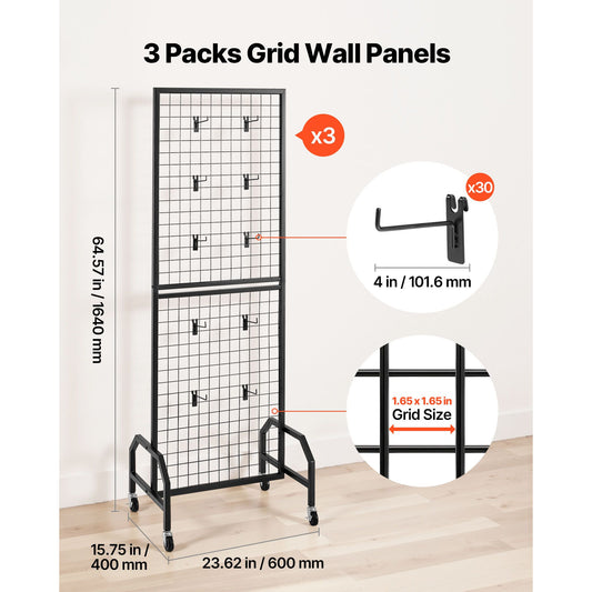 3 Packs Grid Wall Panels, 600 x 1640mm Wire Grid Panels Display Rack, Movable Art Display Shelf with Wheels and 30 Hooks, Black Carbon Steel Gridwall for Craft Show, Decor, Storage, Notice Board