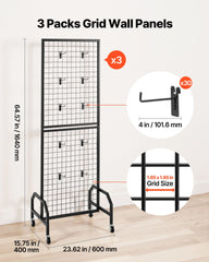 3 Packs Grid Wall Panels, 600 x 1640mm Wire Grid Panels Display Rack, Movable Art Display Shelf with Wheels and 30 Hooks, Black Carbon Steel Gridwall for Craft Show, Decor, Storage, Notice Board