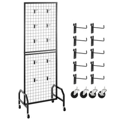 Grid Wall Panel, 600 x 1640 mm Wire Grid Panels Display Rack, Movable Art Display Shelf with Wheels and 10 Hooks, Black Carbon Steel Gridwall for Craft Show, Decoration, Storage, Notice Board