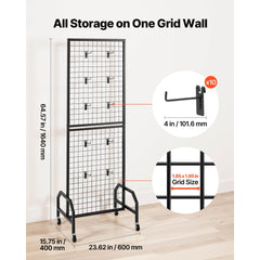 Grid Wall Panel, 600 x 1640 mm Wire Grid Panels Display Rack, Movable Art Display Shelf with Wheels and 10 Hooks, Black Carbon Steel Gridwall for Craft Show, Decoration, Storage, Notice Board