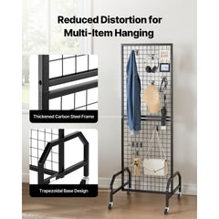 Grid Wall Panel, 600 x 1640 mm Wire Grid Panels Display Rack, Movable Art Display Shelf with Wheels and 10 Hooks, Black Carbon Steel Gridwall for Craft Show, Decoration, Storage, Notice Board