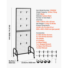 Grid Wall Panel, 600 x 1640 mm Wire Grid Panels Display Rack, Movable Art Display Shelf with Wheels and 10 Hooks, Black Carbon Steel Gridwall for Craft Show, Decoration, Storage, Notice Board