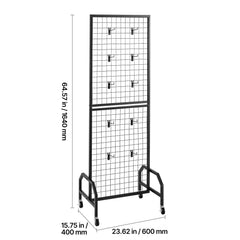 Grid Wall Panel, 600 x 1640 mm Wire Grid Panels Display Rack, Movable Art Display Shelf with Wheels and 10 Hooks, Black Carbon Steel Gridwall for Craft Show, Decoration, Storage, Notice Board