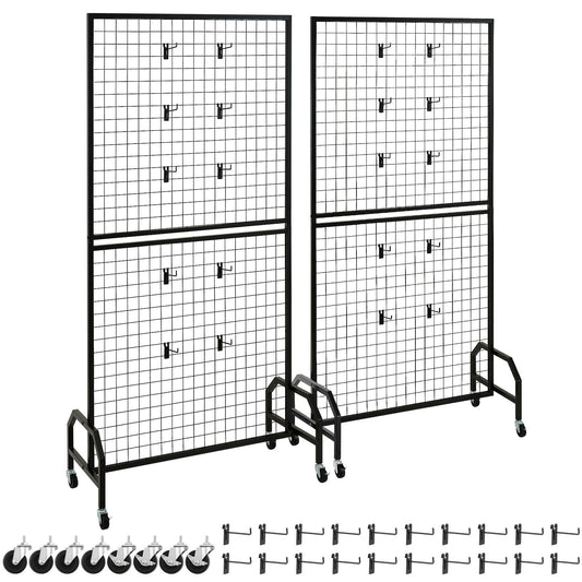 2 Packs Grid Wall Panels, 898 x 1798 mm Wire Grid Panels Display Rack, Movable Art Display Shelf with Wheels & 10 Hooks, Black Carbon Steel Gridwall for Craft Show, Decor, Storage, Notice Board