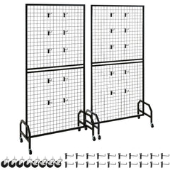 2 Packs Grid Wall Panels, 898 x 1798 mm Wire Grid Panels Display Rack, Movable Art Display Shelf with Wheels & 10 Hooks, Black Carbon Steel Gridwall for Craft Show, Decor, Storage, Notice Board