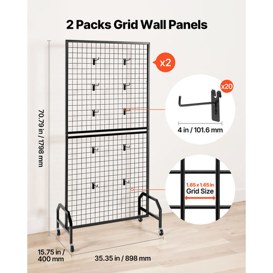 2 Packs Grid Wall Panels, 898 x 1798 mm Wire Grid Panels Display Rack, Movable Art Display Shelf with Wheels & 10 Hooks, Black Carbon Steel Gridwall for Craft Show, Decor, Storage, Notice Board