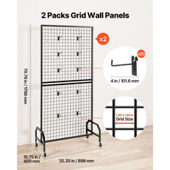 2 Packs Grid Wall Panels, 898 x 1798 mm Wire Grid Panels Display Rack, Movable Art Display Shelf with Wheels & 10 Hooks, Black Carbon Steel Gridwall for Craft Show, Decor, Storage, Notice Board