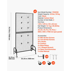 2 Packs Grid Wall Panels, 898 x 1798 mm Wire Grid Panels Display Rack, Movable Art Display Shelf with Wheels & 10 Hooks, Black Carbon Steel Gridwall for Craft Show, Decor, Storage, Notice Board