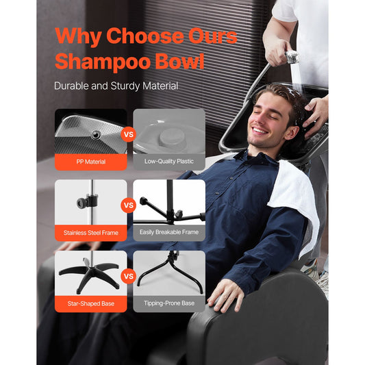 Portable Shampoo Bowl, Shampoo Sink with Adjustable Height & Angle, Salon Hair Wash Sink with Drain Hose and Star-Shaped Support Base for Barbershop Beauty Spa Center Home Use