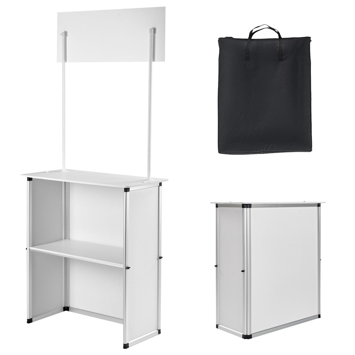 Portable Tradeshow Podium Table, 785 x 380 x 1815 mm, Display Exhibition Counter Stand Booth Fair with Wall, Foldable Promotion Retail Bar Table Pop Up Podium with Storage Rack/Carrying Bag