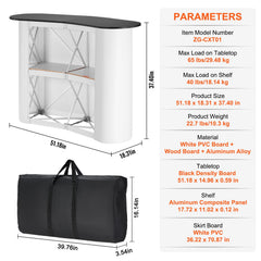 Portable Tradeshow Podium Table, 1300 x 465 x 950 mm, Display Exhibition Counter Stand Booth Fair with Wall, Foldable Promotion Retail Bar Table Pop Up Podium with Storage Rack, Carrying Bag
