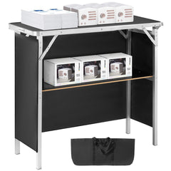 Folding Portable Bar Table, Tradeshow Podium Table for Indoor, Outdoor, Party, Picnic, Exhibition, Includes Carrying Case, Storage Shelf and Black Skirt, 38.39" x 15.16" x 34.25“