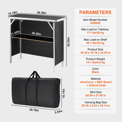 Folding Portable Bar Table, Tradeshow Podium Table for Indoor, Outdoor, Party, Picnic, Exhibition, Includes Carrying Case, Storage Shelf and Black Skirt, 38.39" x 15.16" x 34.25“