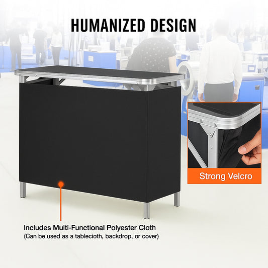 Folding Portable Bar Table, Tradeshow Podium Table for Indoor, Outdoor, Party, Picnic, Exhibition, Includes Carrying Case, Storage Shelf and Black Skirt, 38.39" x 15.16" x 34.25“