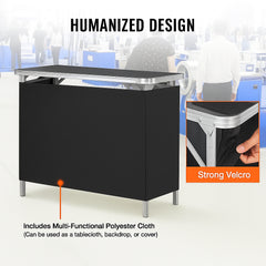Folding Portable Bar Table, Tradeshow Podium Table for Indoor, Outdoor, Party, Picnic, Exhibition, Includes Carrying Case, Storage Shelf and Black Skirt, 38.39" x 15.16" x 34.25“