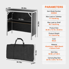 Folding Portable Bar Table, Tradeshow Podium Table for Indoor, Outdoor, Party, Picnic, Exhibition, Includes Carrying Case, Storage Shelf and Black Skirt, 38.39" x 15.16" x 34.25“