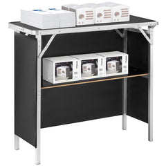 Folding Portable Bar Table, Tradeshow Podium Table for Indoor, Outdoor, Party, Picnic, Exhibition, Includes Carrying Case, Storage Shelf and Black Skirt, 38.39" x 15.16" x 34.25“