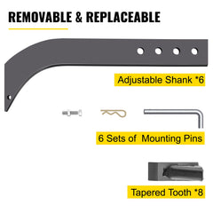 Box Blade Shank, 46.6 cm Scarifier Shank, 4 Holes Box Scraper Shank, Ripper Shank with Removable Tapered Teeth and Pins, Adjustable Shanks Assembly for Replacement, Digging, Plowing, 6PCS