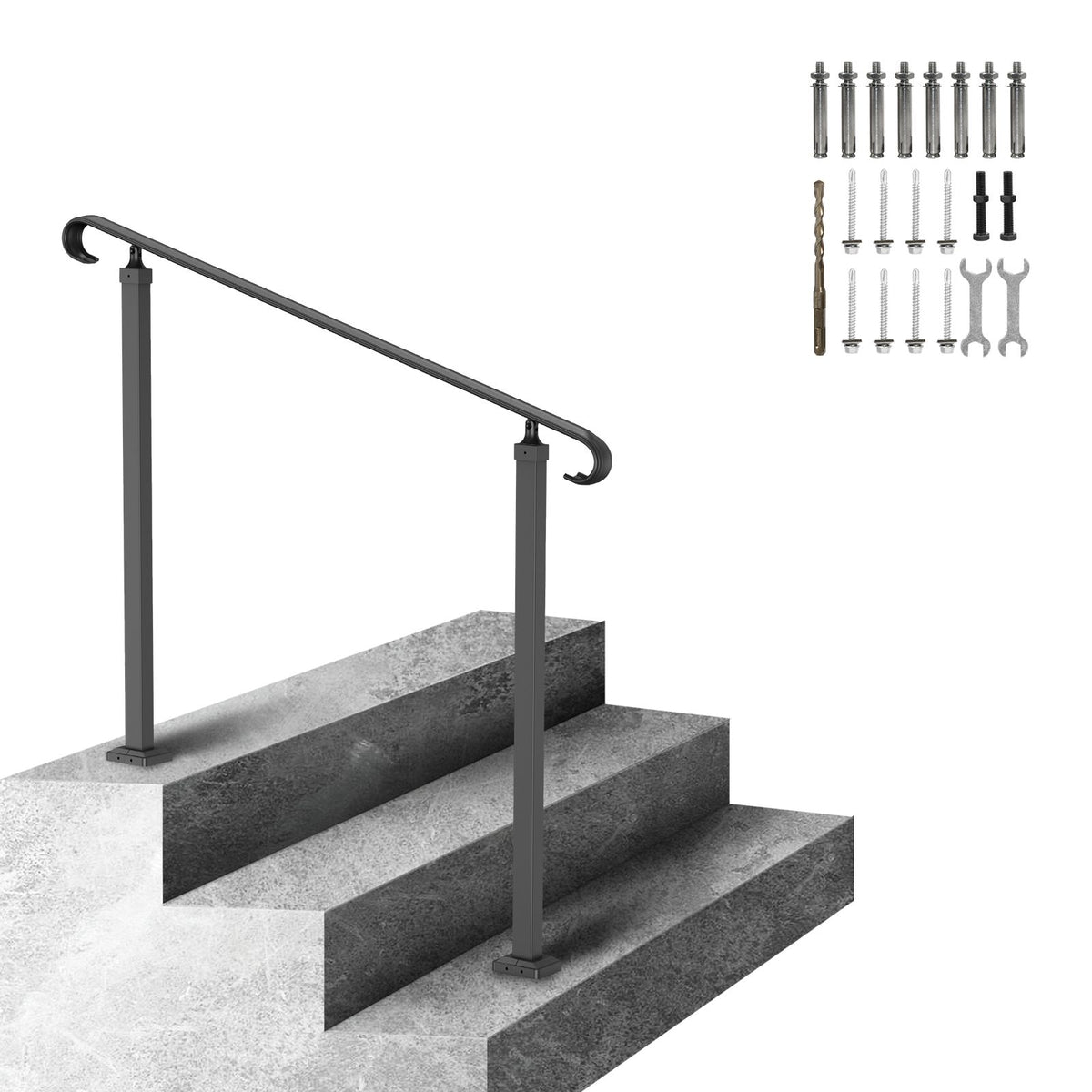Handrails for Outdoor Steps, Wrought Iron Handrail for 1-3 Steps, Adjustable Stair Railing, Black Front Porch Hand Rail for Concrete and Wooden Stairs