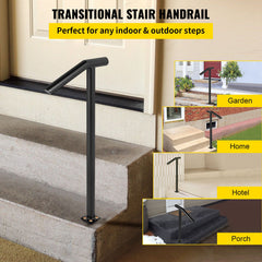 Single Post 1-2, Black Steel Railing 441LBS Capacity Baking Varnish Iron Stairs Stylish Handrails for Outdoor Steps with Expansion Bolts & Drill Bit