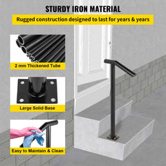 Single Post 1-2, Black Steel Railing 441LBS Capacity Baking Varnish Iron Stairs Stylish Handrails for Outdoor Steps with Expansion Bolts & Drill Bit