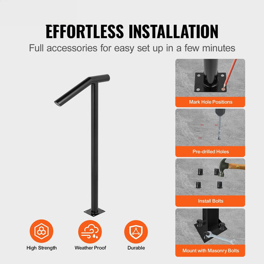 Single Post 1-2, Black Steel Railing 441LBS Capacity Baking Varnish Iron Stairs Stylish Handrails for Outdoor Steps with Expansion Bolts & Drill Bit