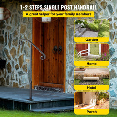 Handrails for Outdoor Steps, Fit 1 or 2 Steps Outdoor Stair Railing, Single Post Wrought Iron Handrail, Gray Transitional Porch Railings for Concrete Steps or Wooden Stairs with Base