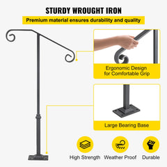 Handrails for Outdoor Steps, Fit 1 or 2 Steps Outdoor Stair Railing, Single Post Wrought Iron Handrail, Gray Transitional Porch Railings for Concrete Steps or Wooden Stairs with Base