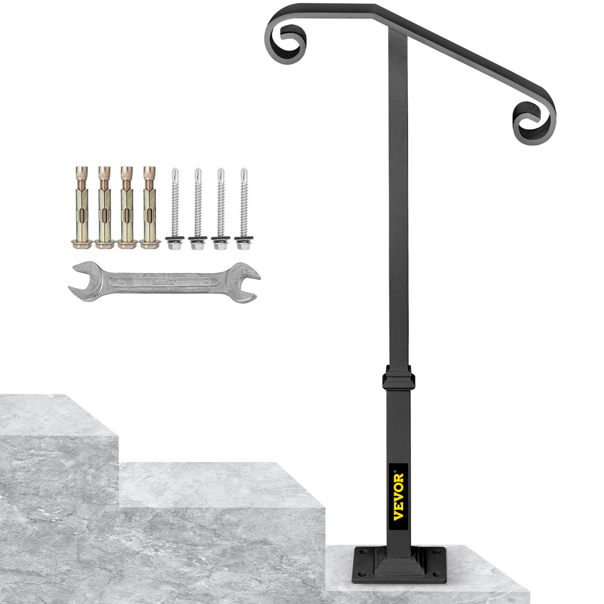 Handrails for Outdoor Steps, Fit 1 or 2 Steps Outdoor Stair Railing, Single Post Wrought Iron Handrail, Gray Transitional Porch Railings for Concrete Steps or Wooden Stairs with Base