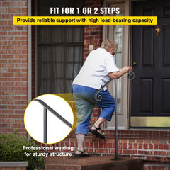 Handrails for Outdoor Steps, Fit 1 or 2 Steps Outdoor Stair Railing, Single Post Wrought Iron Handrail, Gray Transitional Porch Railings for Concrete Steps or Wooden Stairs with Base