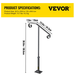 Handrails for Outdoor Steps, Fit 1 or 2 Steps Outdoor Stair Railing, Single Post Wrought Iron Handrail, Gray Transitional Porch Railings for Concrete Steps or Wooden Stairs with Base