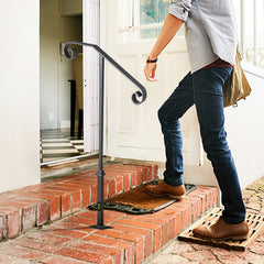 Handrails for Outdoor Steps, Fit 1 or 2 Steps Outdoor Stair Railing, Single Post Wrought Iron Handrail, Gray Transitional Porch Railings for Concrete Steps or Wooden Stairs with Base