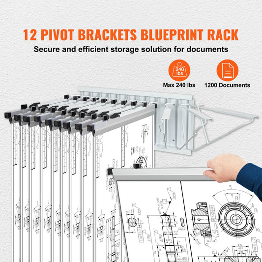 Wall Mount Blueprint Storage Rack Blueprint Holder with 12 Pivot Brackets