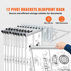 Wall Mount Blueprint Storage Rack Blueprint Holder with 12 Pivot Brackets