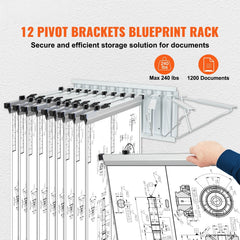 Wall Mount Blueprint Storage Rack Blueprint Holder with 12 Pivot Brackets