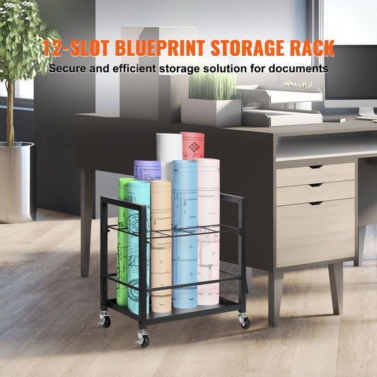 Blueprint Storage Rack, 12 Slots Blueprint Holder with Wheels, Mobile Metal Blueprint Storage Cart for Map Poster Architectural Construction Plan, Roll File Organizer for Home, Office, School