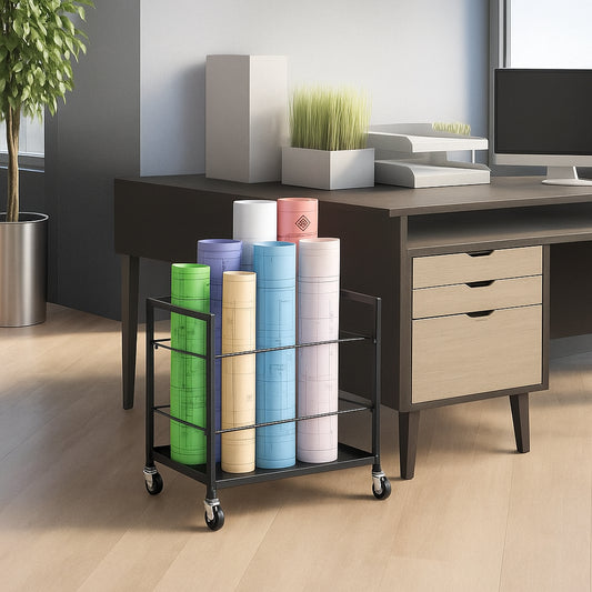 Blueprint Storage Rack, 12 Slots Blueprint Holder with Wheels, Mobile Metal Blueprint Storage Cart for Map Poster Architectural Construction Plan, Roll File Organizer for Home, Office, School