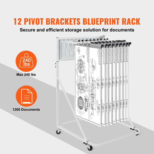 Mobile Blueprint Storage Rack, Plan Holder with 12 Pivot Brackets, Mobile Blueprint Holder Adjustable Height & Length, Poster Display Rack for Office and Home (Rack Only Without Clamps)