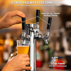 Triple Taps Draft Beer Tower Dispenser, Stainless Steel Keg Beer Tower, Kegerator Tower Kit with Pre-Assembled Tubing and Self-Closing Faucet Shanks for Party, Bar, Pub, Restaurant