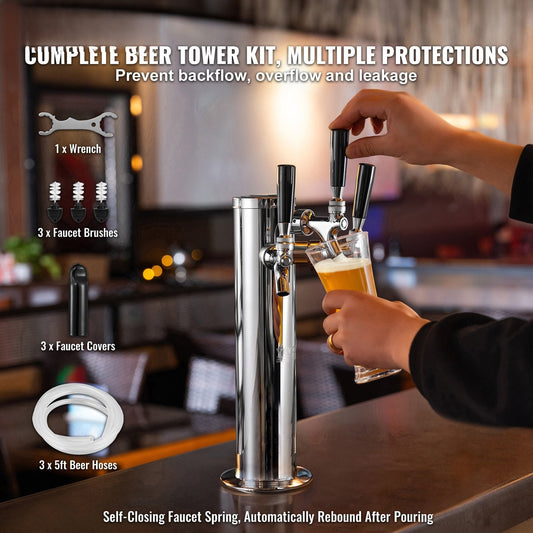 Triple Taps Draft Beer Tower Dispenser, Stainless Steel Keg Beer Tower, Kegerator Tower Kit with Pre-Assembled Tubing and Self-Closing Faucet Shanks for Party, Bar, Pub, Restaurant