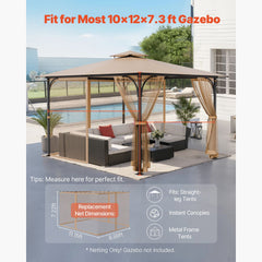 Gazebo Netting Replacement, Fit Most 10 x 12 x 7.3 FT Gazebo, Outdoor Garden Gazebo Net, 4-Panel Sidewall Mesh Gazebo Curtain, Patio Midge Netting with Double Zipper, Canopy Screen (Netting Only)
